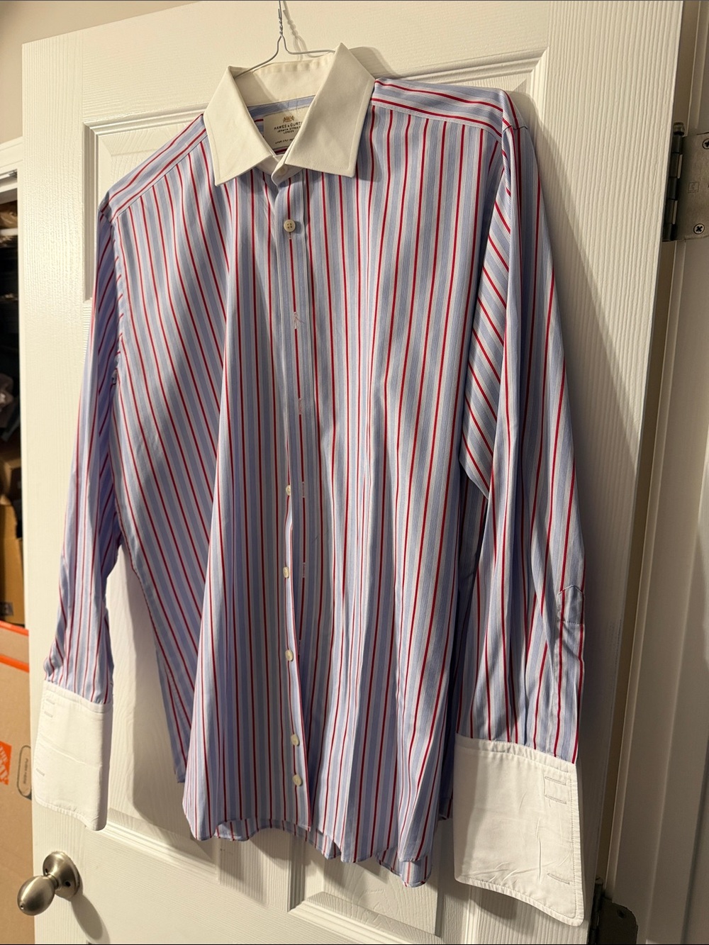 Men's Blue and Red Stripe Dress Shirt with White Contrast Collar and Cuffs